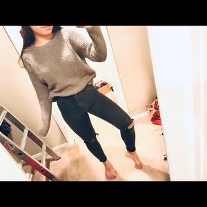 Dark tan, grey sweater